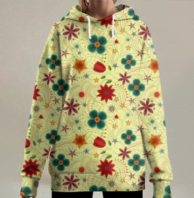 Ретро цветы, Hoodie Long Oversize 3D