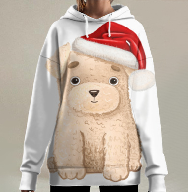 Щенок в красном колпаке Счастливого Рождества, Hoodie Long Oversize 3D