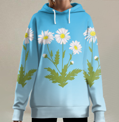 Белые ромашки с жёлтыми центрами на фоне голубого неба, Hoodie Long Oversize 3D