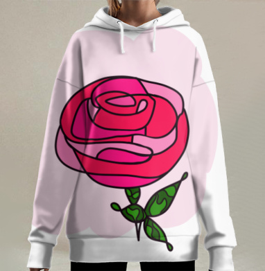 Красивая красная роза с зелеными листьями на розовом фоне, Hoodie Long Oversize 3D