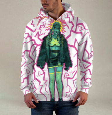 Энергичная девушка в темной одежде с молниями для вечеринок, Худи / Мужская / С карманом / 3D