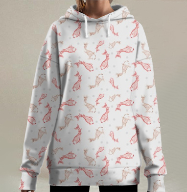 Узор из скелетов рыб в красно-коричневых тонах, Hoodie Long Oversize 3D