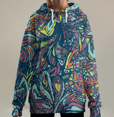 Психоделический морской мир с кораллами и раковинами, Hoodie Long Oversize 3D