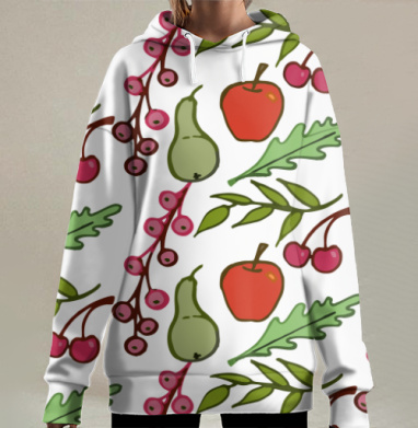 Ягоды груши яблоки зелень серая основа, Hoodie Long Oversize 3D