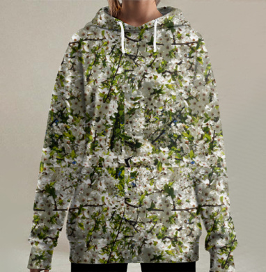 Цветение яблони весной: белые цветы с зеленью, Hoodie Long Oversize 3D