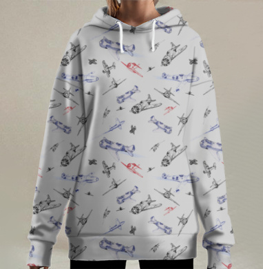 Самолеты на сером фоне, Hoodie Long Oversize 3D