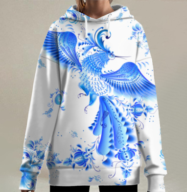 Синяя птица удачи в стиле гжельской росписи, Hoodie Long Oversize 3D