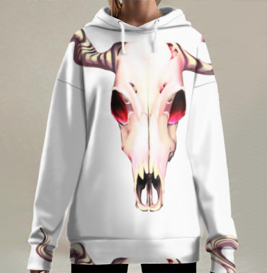 Мистический череп с искривленными рогами тёмно красные области, Hoodie Long Oversize 3D