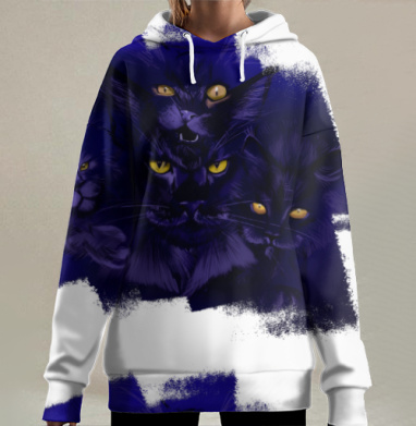 Мистические кошки с яркими глазами таинственная сцена, Hoodie Long Oversize 3D