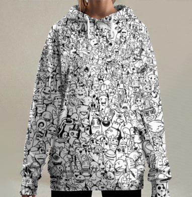 Множество забавных персонажей в черно-белом стиле переплетение эмоций, Hoodie Long Oversize 3D