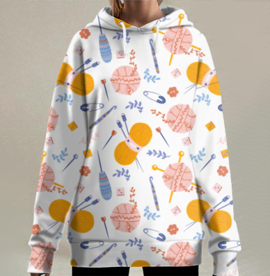 Оранжевые Клубки с Вязальными Спицами на Белом фоне, Hoodie Long Oversize 3D