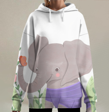 Милый серый слоненок с бабочкой и цветами вокруг, Hoodie Long Oversize 3D