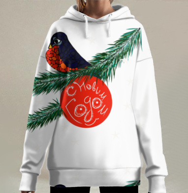 Птичка на ветке с шаром с новым годом шаром, Hoodie Long Oversize 3D