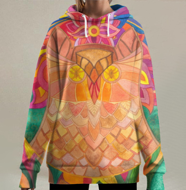 Сова-Мандала в солнечных оттенках с лотосом, Hoodie Long Oversize 3D