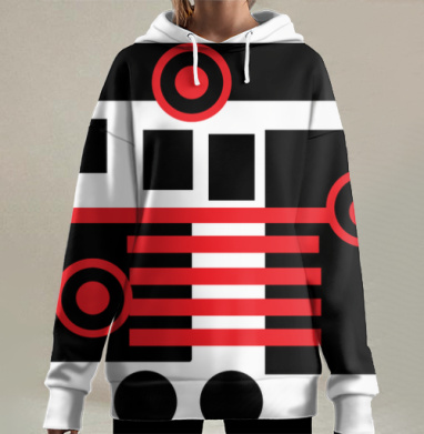 Абстрактная геометрия с красными акцентами на сером фоне, Hoodie Long Oversize 3D