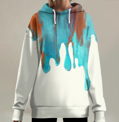 Бирюзово Оранжевые Капли Жидкой Краски, Hoodie Long Oversize 3D