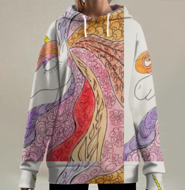 Единорог с узорчатой гривой на фоне цветов исполнения мечты, Hoodie Long Oversize 3D