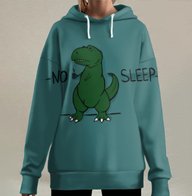 Зеленый ТиРекс с чашкой кофе после бессонной ночи, Hoodie Long Oversize 3D