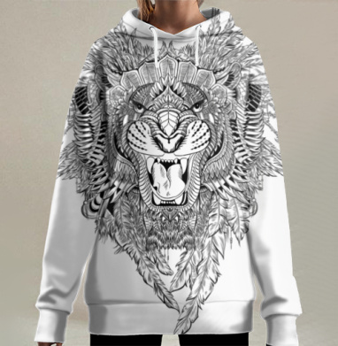 Мощный портрет рычащего льва с этно-узорами, Hoodie Long Oversize 3D