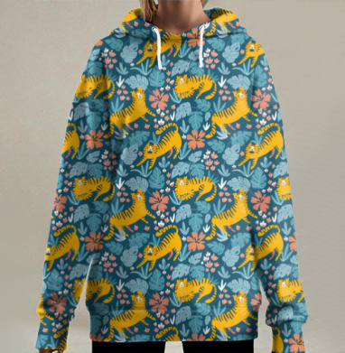 Тигра под монстерой, Hoodie Long Oversize 3D