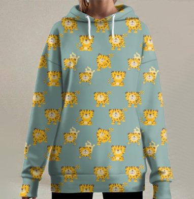 Весёлые тигры в мультяшном стиле с серо голубым фоном, Hoodie Long Oversize 3D