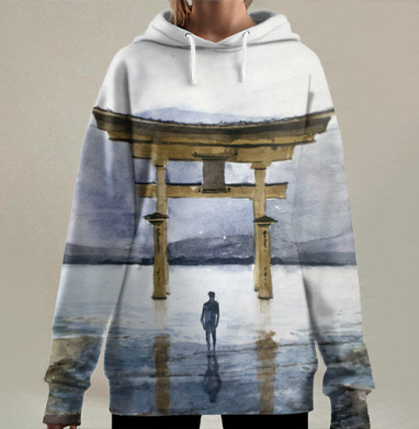 Ритуальные японские ворота переход через воду, Hoodie Long Oversize 3D