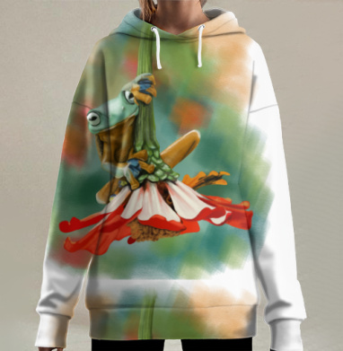 Зеленая тропическая лягушка на красном цветке, Hoodie Long Oversize 3D