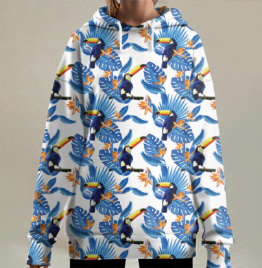 Туканы-тропический паттерн, Hoodie Long Oversize 3D