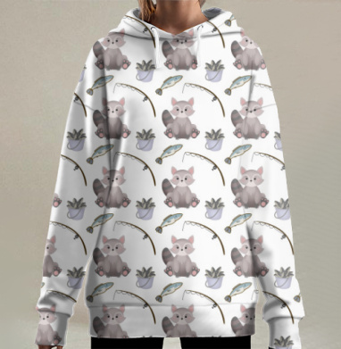 Милые еноты на рыбалке в серо голубой гамме, Hoodie Long Oversize 3D