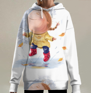Веселая девочка прыгает по лужам радость детства навсегда, Hoodie Long Oversize 3D