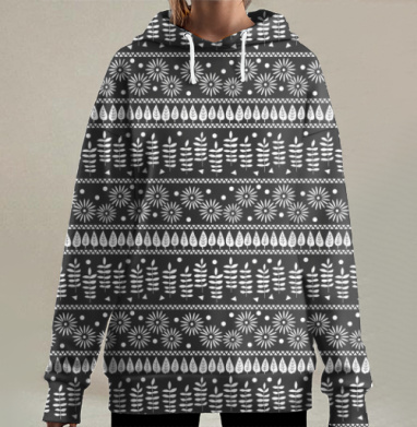 Черно белый орнамент полосы природа традиция, Hoodie Long Oversize 3D