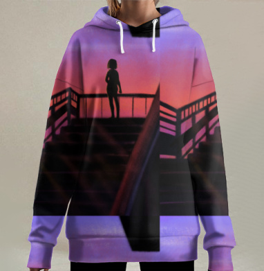 Девушка смотрит на закат в одиночестве на лестнице, Hoodie Long Oversize 3D