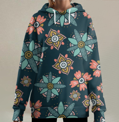 Орнамент с мягкими цветами на темно-синем фоне, Hoodie Long Oversize 3D