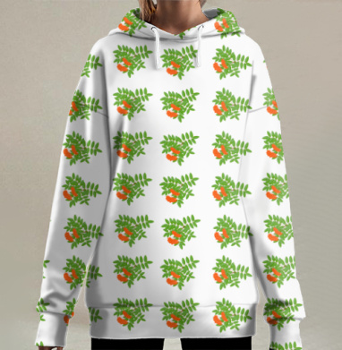 Ветка рябины с яркими ягодами в зеленых листьях, Hoodie Long Oversize 3D