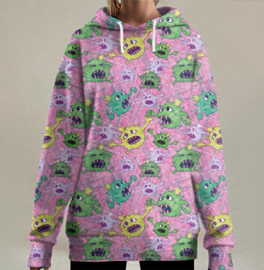 Паникующие вирусы в масках на розовом фоне, Hoodie Long Oversize 3D