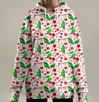 Акварельные вишни и листья летнего настроения, Hoodie Long Oversize 3D