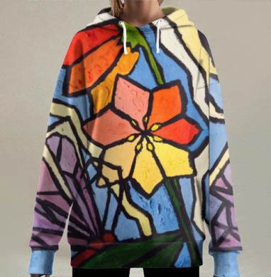 Цветок в витражных оттенках красного и оранжевого, Hoodie Long Oversize 3D