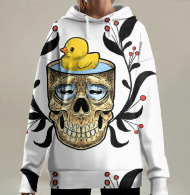Череп с уточкой в воде на фоне ветвей, Hoodie Long Oversize 3D