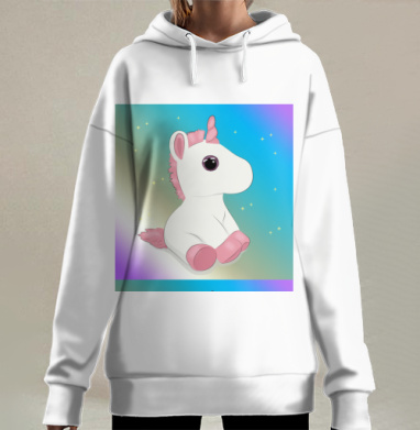 Волшебный бело розовый сидящий единорожка игрушечный, Hoodie Long Oversize 3D