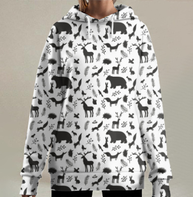 Множественный узор с лесными животными и растениями, Hoodie Long Oversize 3D