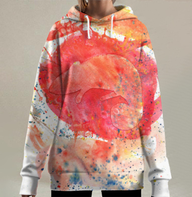 Хамелеон в брызгах акварели, Hoodie Long Oversize 3D