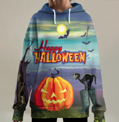 Веселая хэллоуинская ночь с тыквой и котом, Hoodie Long Oversize 3D