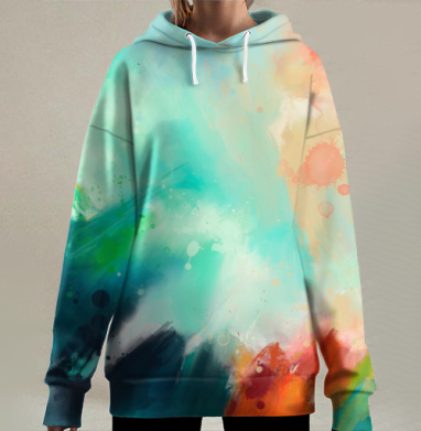 Абстрактная динамичная сцена с яркими цветами и каплями воды, Hoodie Long Oversize 3D