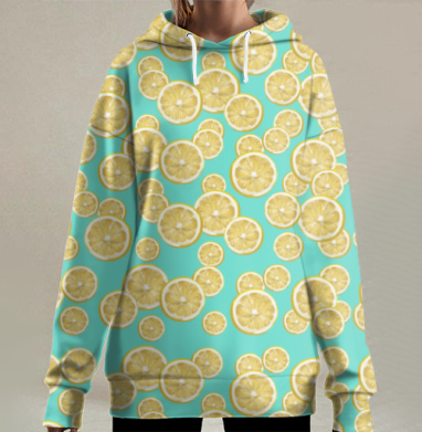 Желтые лимонные дольки на мятном фоне свежесть бодрость легко, Hoodie Long Oversize 3D