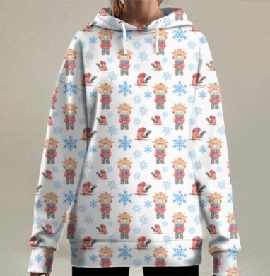 Забавные зайцы с букетом в зимних снежинках, Hoodie Long Oversize 3D
