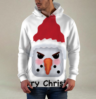 Агрессивный снеговик с красной шапкой и надписью Merry Christmas, Худи / Мужская / С карманом / 3D