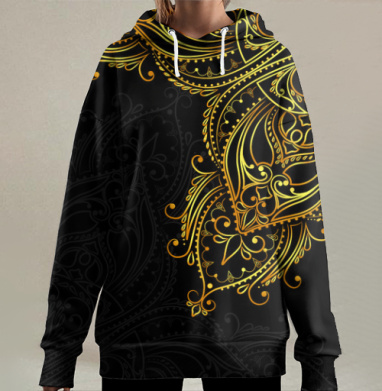 Золотой орнамент на черном, Hoodie Long Oversize 3D