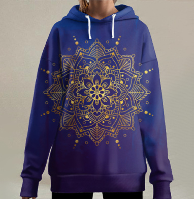 Золотая мандала на синем фоне для уюта и баланса, Hoodie Long Oversize 3D