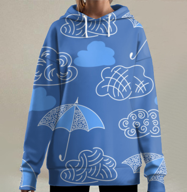 Синие облака зонты легкость мечтательность покой, Hoodie Long Oversize 3D
