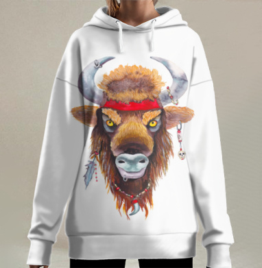 Зубр с шаманским украшением коричневый рыжий желтый, Hoodie Long Oversize 3D